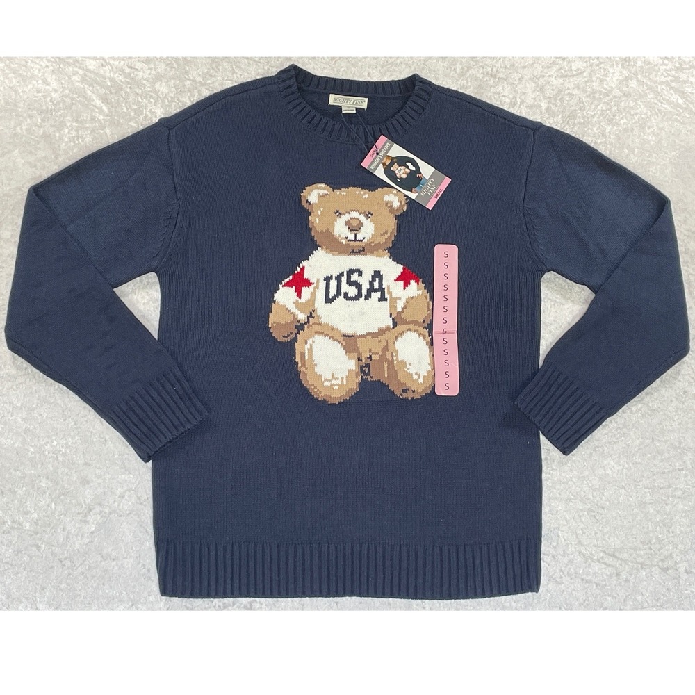 Mighty Fine USA Teddy Bear Sweater Women S Navy Blue NEW NWT Intarsia Knit